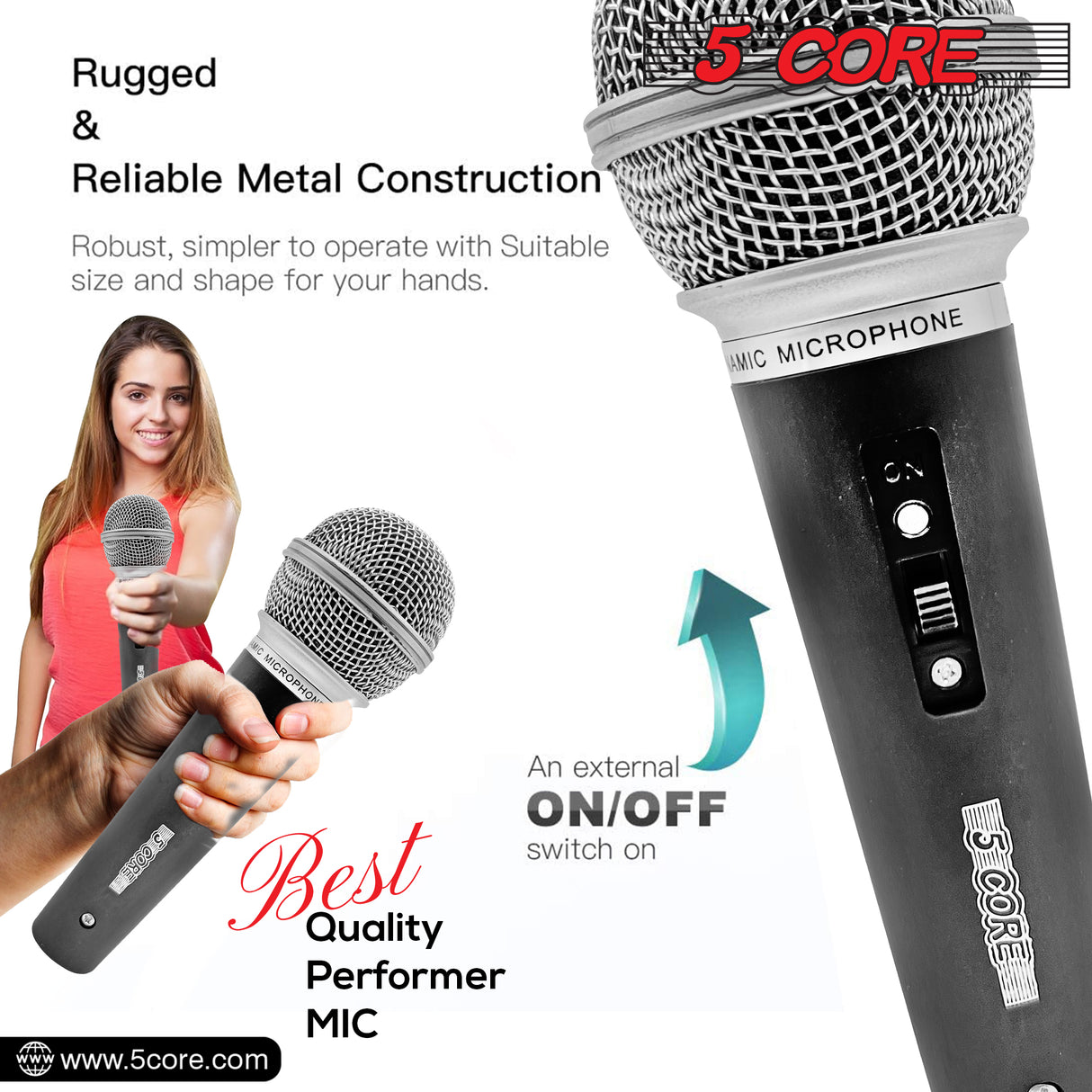 5 CORE Premium Vocal Dynamic Cardioid Handheld Microphone Unidirectional Mic with 12ft Detachable XLR Cable to ¼ inch Audio Jack, Mic Clip, and On/Off Switch for Karaoke Singing PM 58