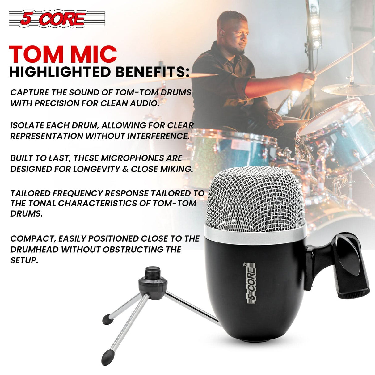 5Core Tom Snare Mic Cardioid Dynamic Microphone for Drum Kit Percussion Instrument BLACK