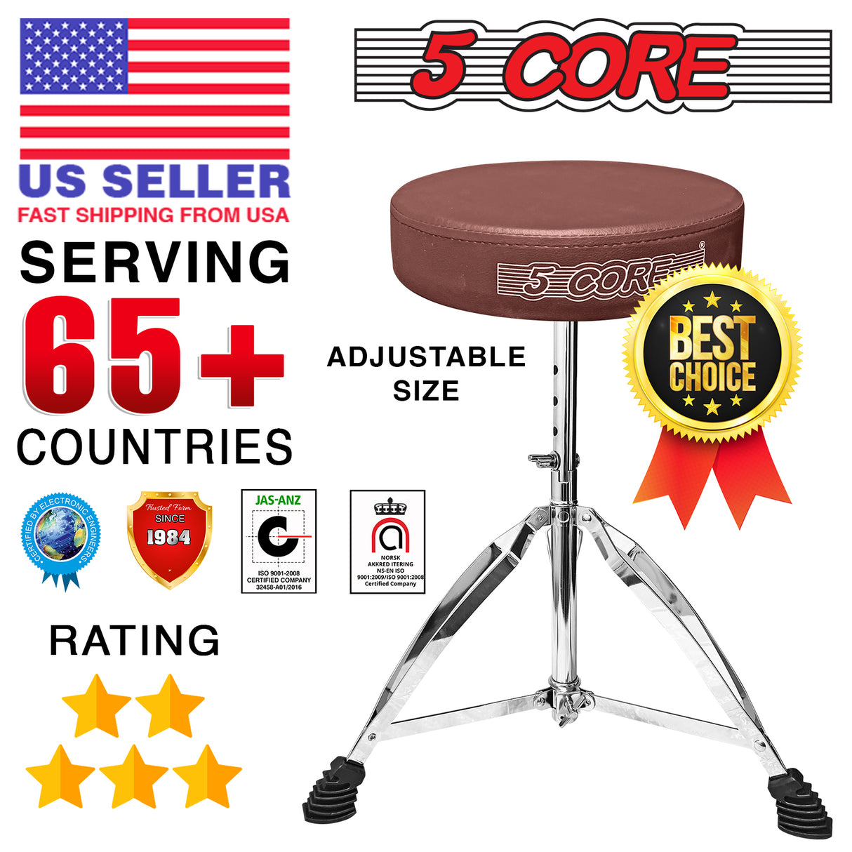 5 Core Drum Throne Brown| Height Adjustable Padded Seat Drum Stool| Folding Portable Drummer Throne with Anti-Slip Feet| with two Drumsticks, Drum Chair for Kids and Adults- DS CH BR