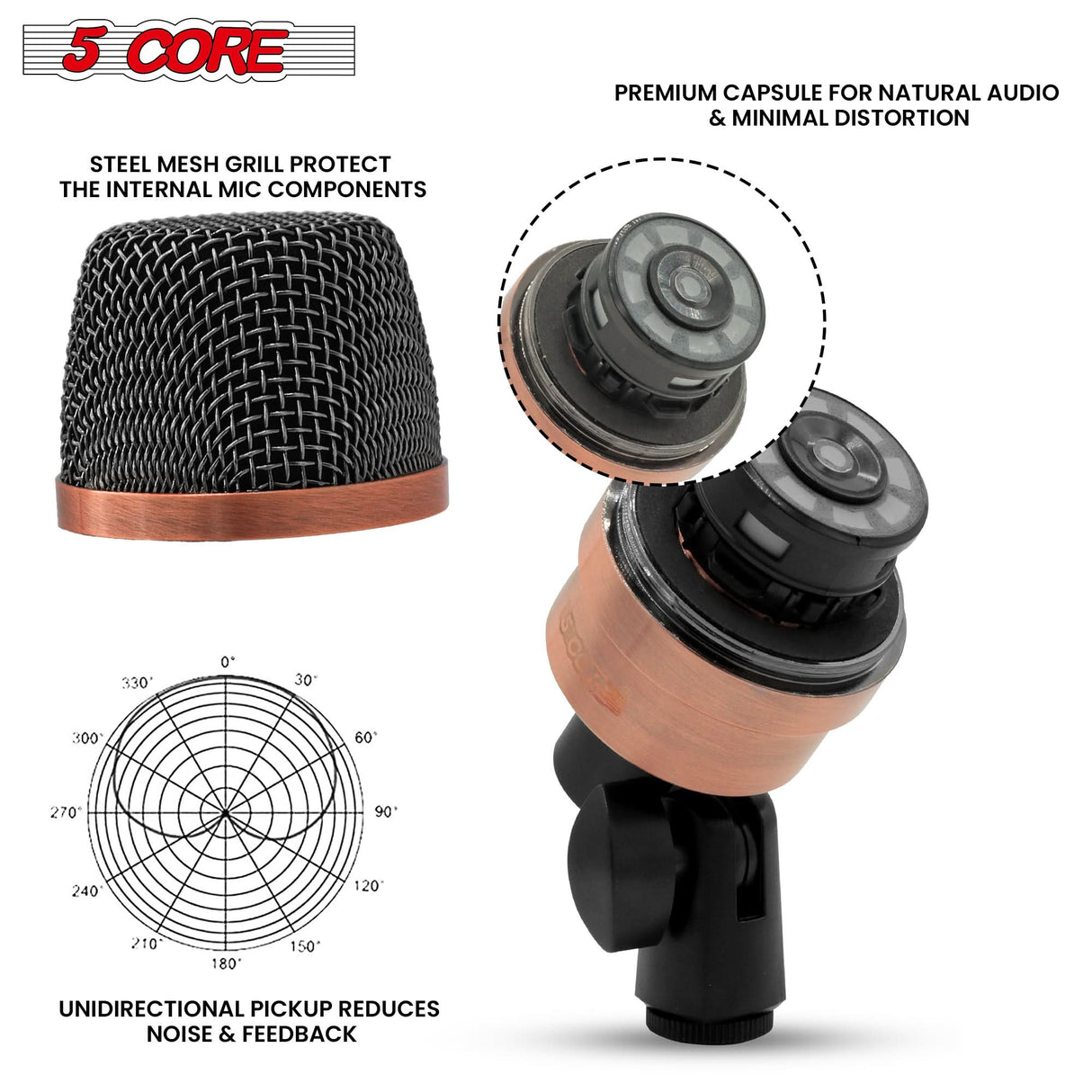 5 Core Tom Snare Mic Cardioid Dynamic Microphone for Drum Kit Precision Instrument COPPER