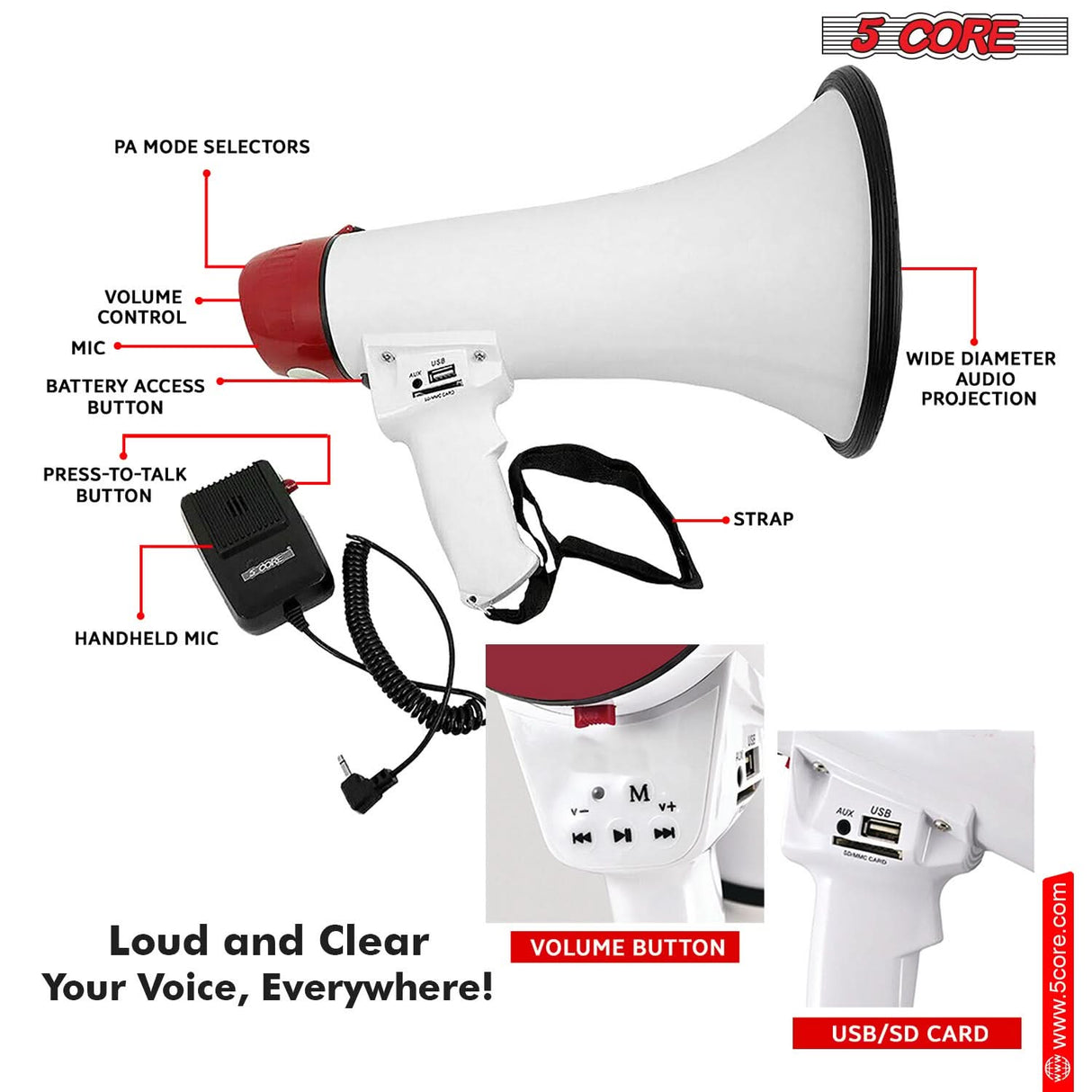 5Core Megaphone Bullhorn Speaker 50W Bull Horn Rechargeable Cheer Megafono 1000 Yards BLUETOOTH