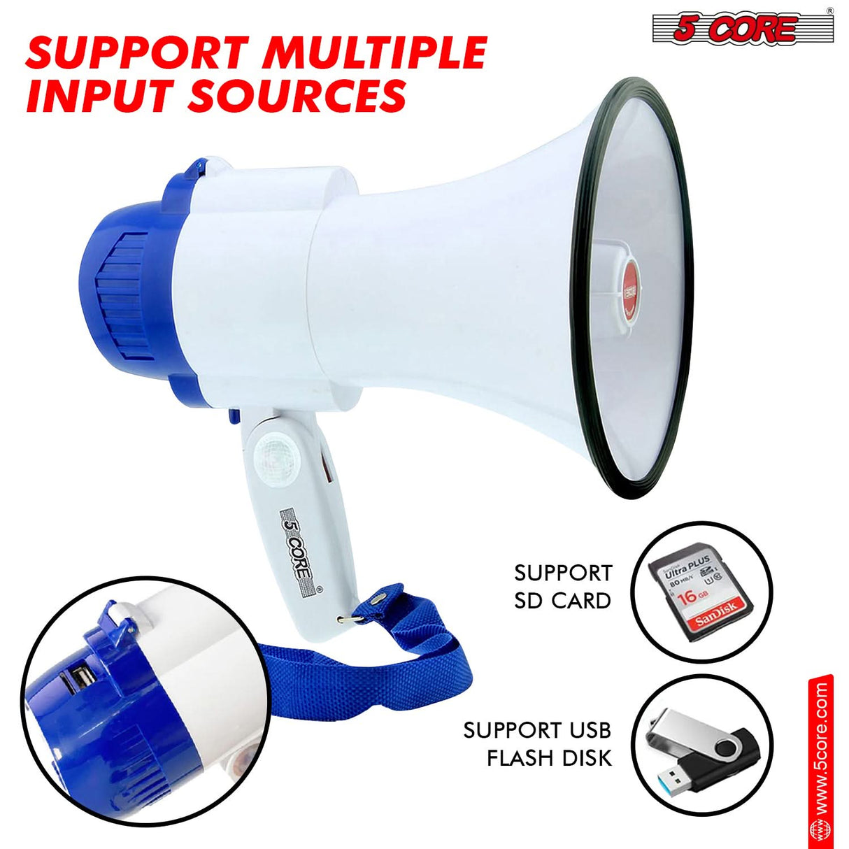 Mini megaphone speaker with bull horn, cheer megaphone, and loud noise makers.