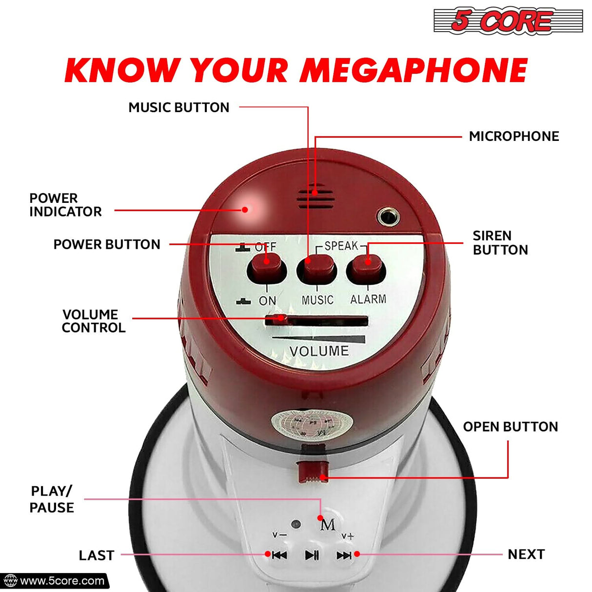 5Core Megaphone Bullhorn Speaker 50W Bull Horn Cheer Megafono 1000 Yards Battery