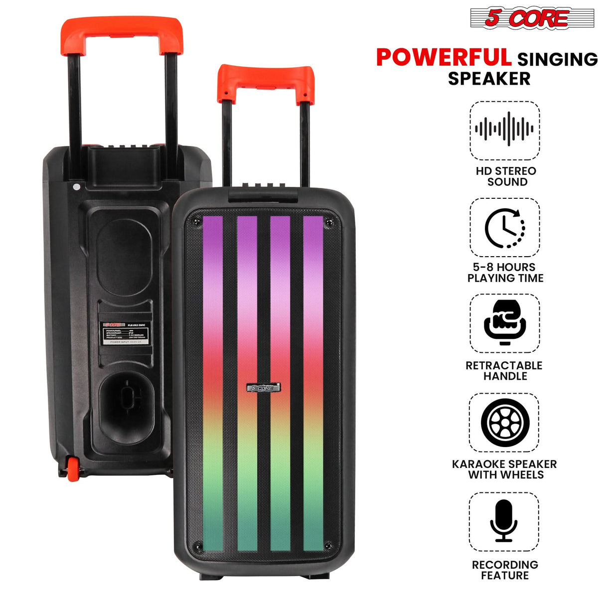 5Core Bluetooth Party Speaker 10 inch PA RGB Partybox Karaoke Machine + 2 Wireless Mic