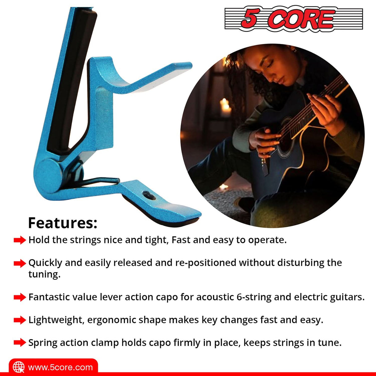 5 Core Guitar Capo: Classic clip capo for acoustic and electric guitars, perfect for 6-string guitars.