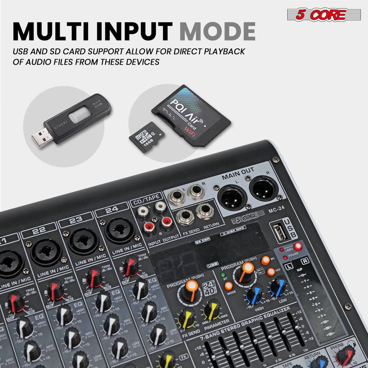 5 Core Audio Mixer 24 Channel DJ Sound Board w Bluetooth USB PC Recording PA Analog Mixing Interface