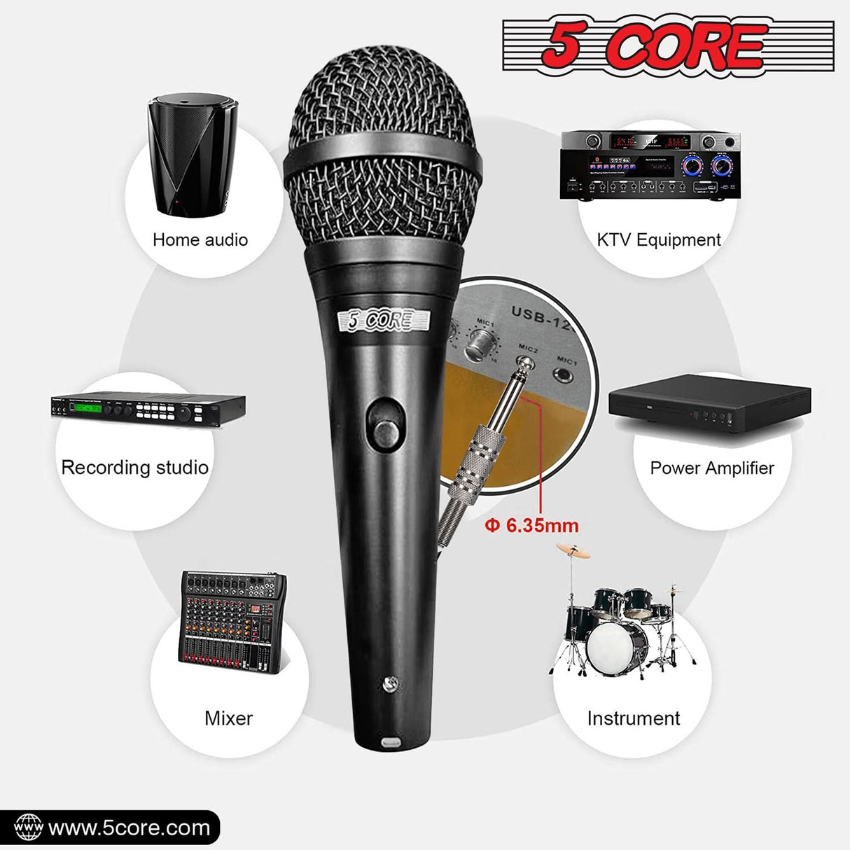 5Core Handheld Dynamic Microphone 2Pcs + Short Tripod Mic Stand Floor + XLR Cable