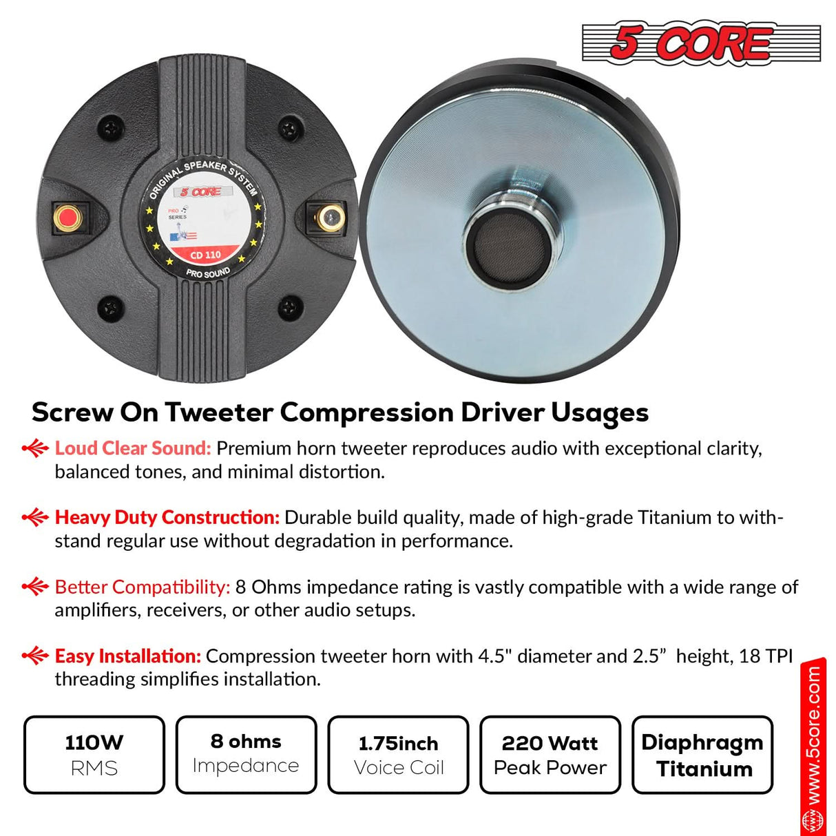 Professional Audio 5 Core Compression Driver 220W 8 Ohm