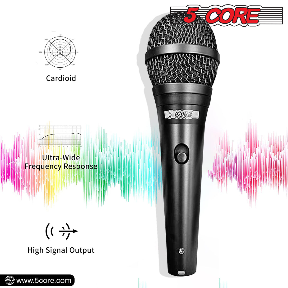 5 Core Professional Dynamic Vocal Microphone - Unidirectional Handheld Mic XLR Karaoke Microphone with ON/OFF Switch Includes 16ft XLR Audio Cable to 1/4'' Audio Jack Included - ND 58 BLK 2PCS