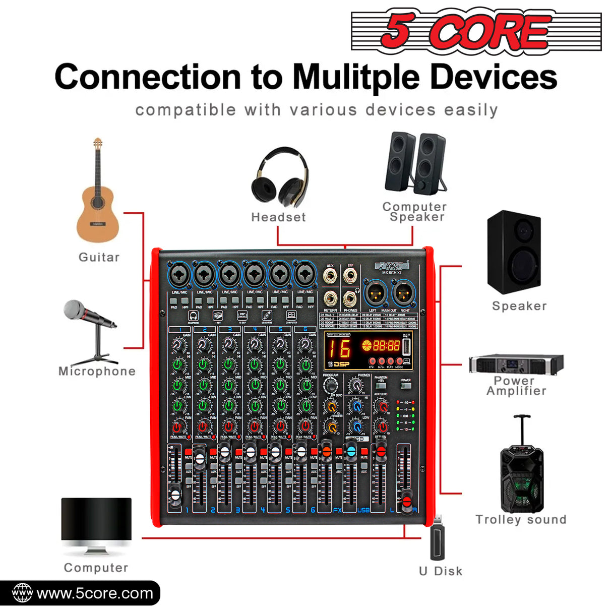 5-kern 6-kanaals kompakte studiomenger met ingeboude effekte en USB-koppelvlak Bluetooth- digitale menger vir tuisateljee-opname, podcast-DJ's en meer MX 6CH XL