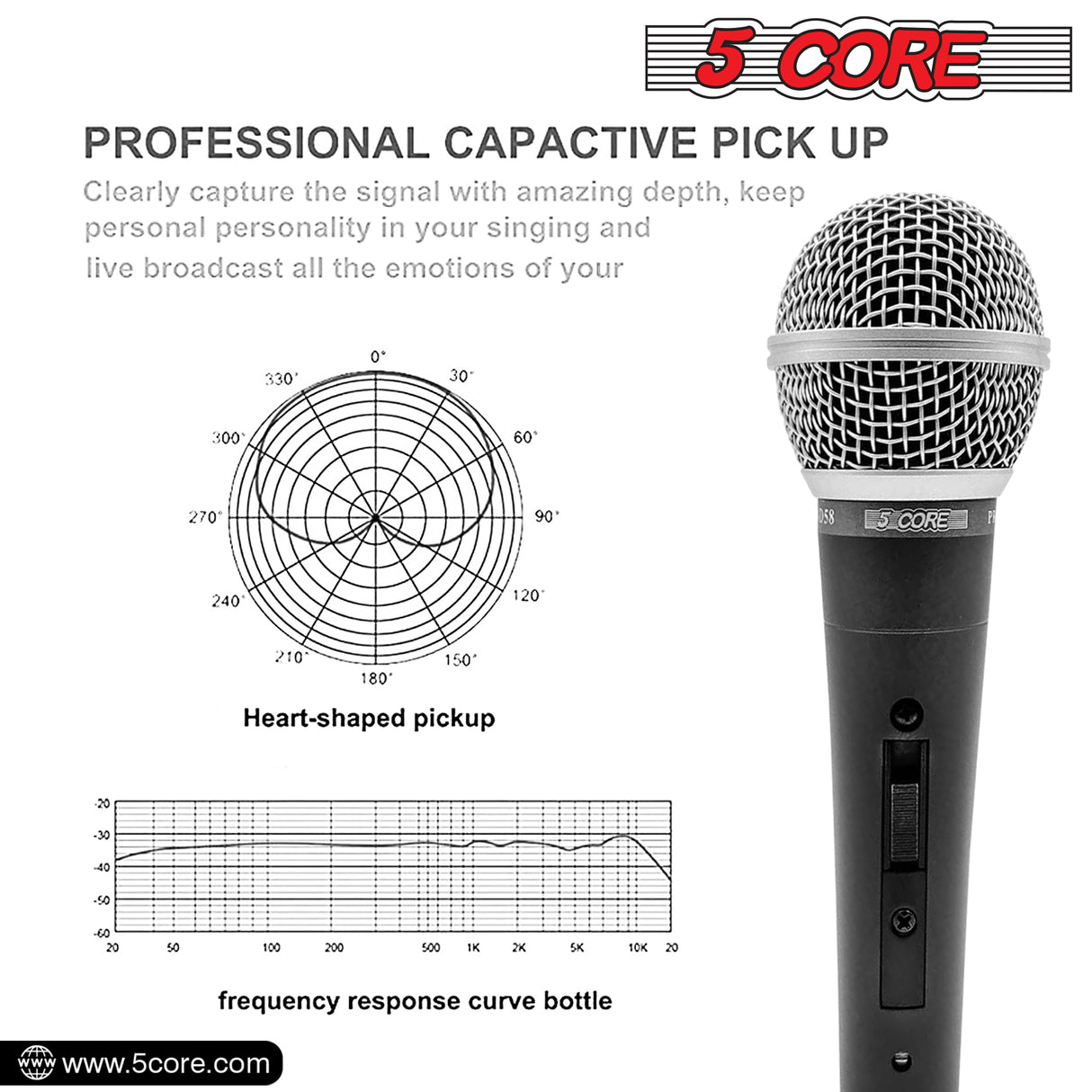 5 CORE Premium Vocal Dynamic Cardioid Handheld Microphone Neodymium Magnet Unidirectional Mic, 16ft Detachable XLR Deluxe Cable to ¼ Audio Jack, Mic Clip, On/Off Switch for Karaoke Singing ND-58