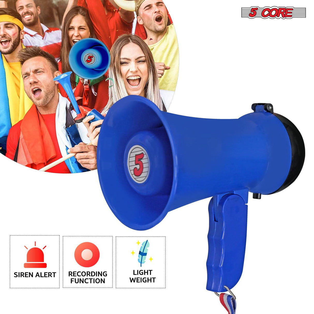 5Core Megaphone Bullhorn Speaker 15W Mini Battery Power Bull horn w Siren 400 Yard Range Blue