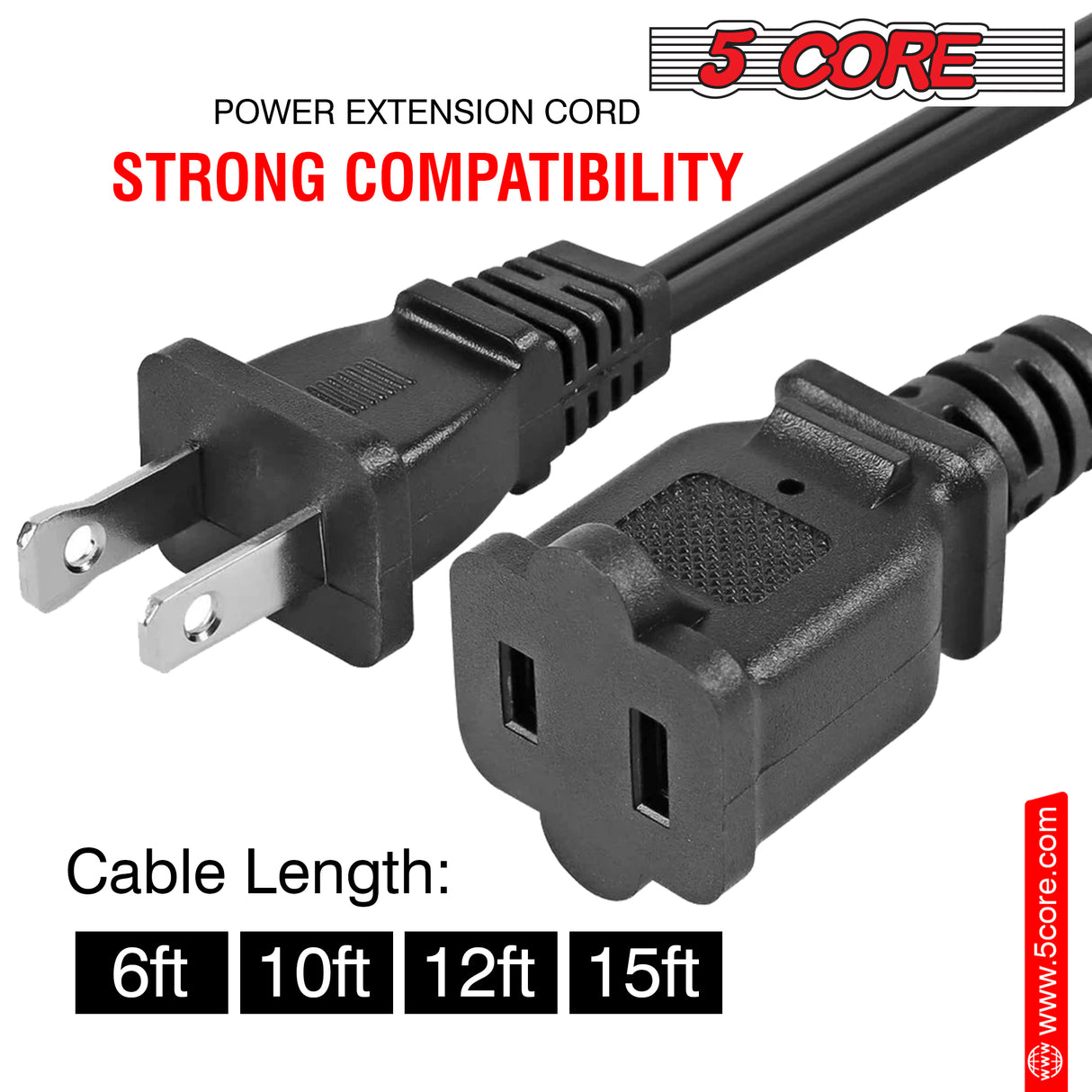 5 Core 2-Prong Male-Female Extension Power Cord Cable, Outlet Extension Cable Cord US AC 2-Prong Male-Female Power Cable 13A/125V, Black EXC BLK 6FT