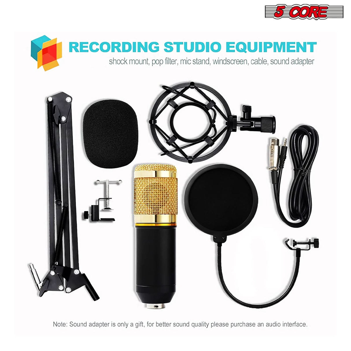 5Core Recording Microphone Podcast Bundle Professional Condenser Cardioid Mic Kit w Boom Arm