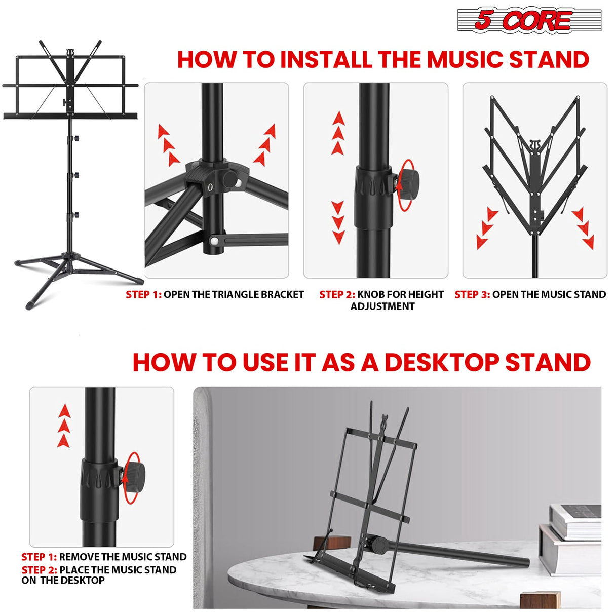 5Core Music Stand For Sheet Music Portable Tripod Adjustable Folding Note Holder BLACK