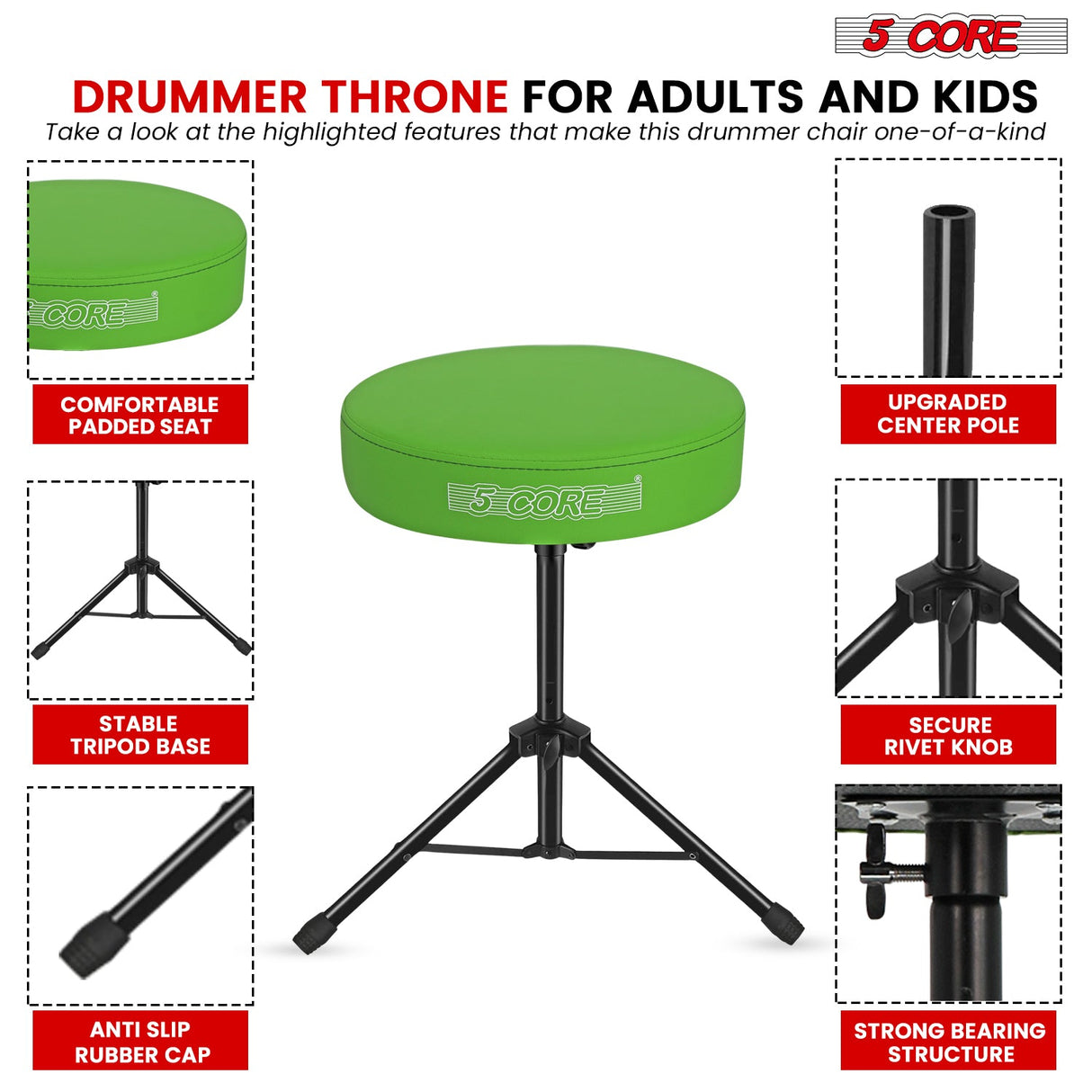 5Core Drum Throne Adjustable Guitar Stool Padded Drummer Seat for Adults & Kids GREEN