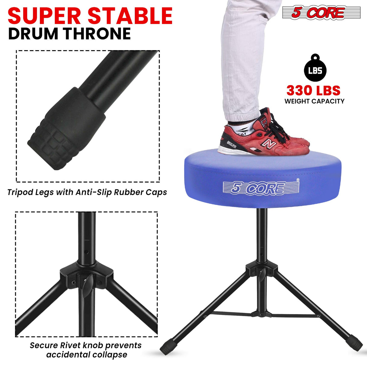 5Core Drum Throne Adjustable Guitar Stool Padded Drummer Seat for Adults & Kids BLUE