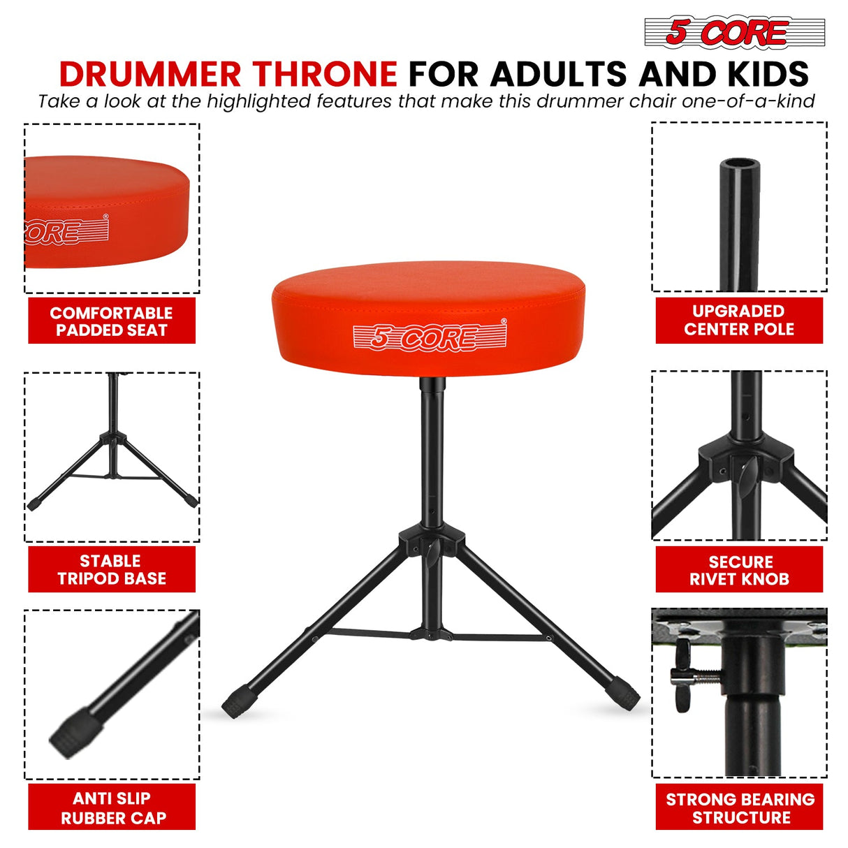 5Core Drum Throne Adjustable Guitar Stool Padded Drummer Seat for Adults & Kids ORANGE