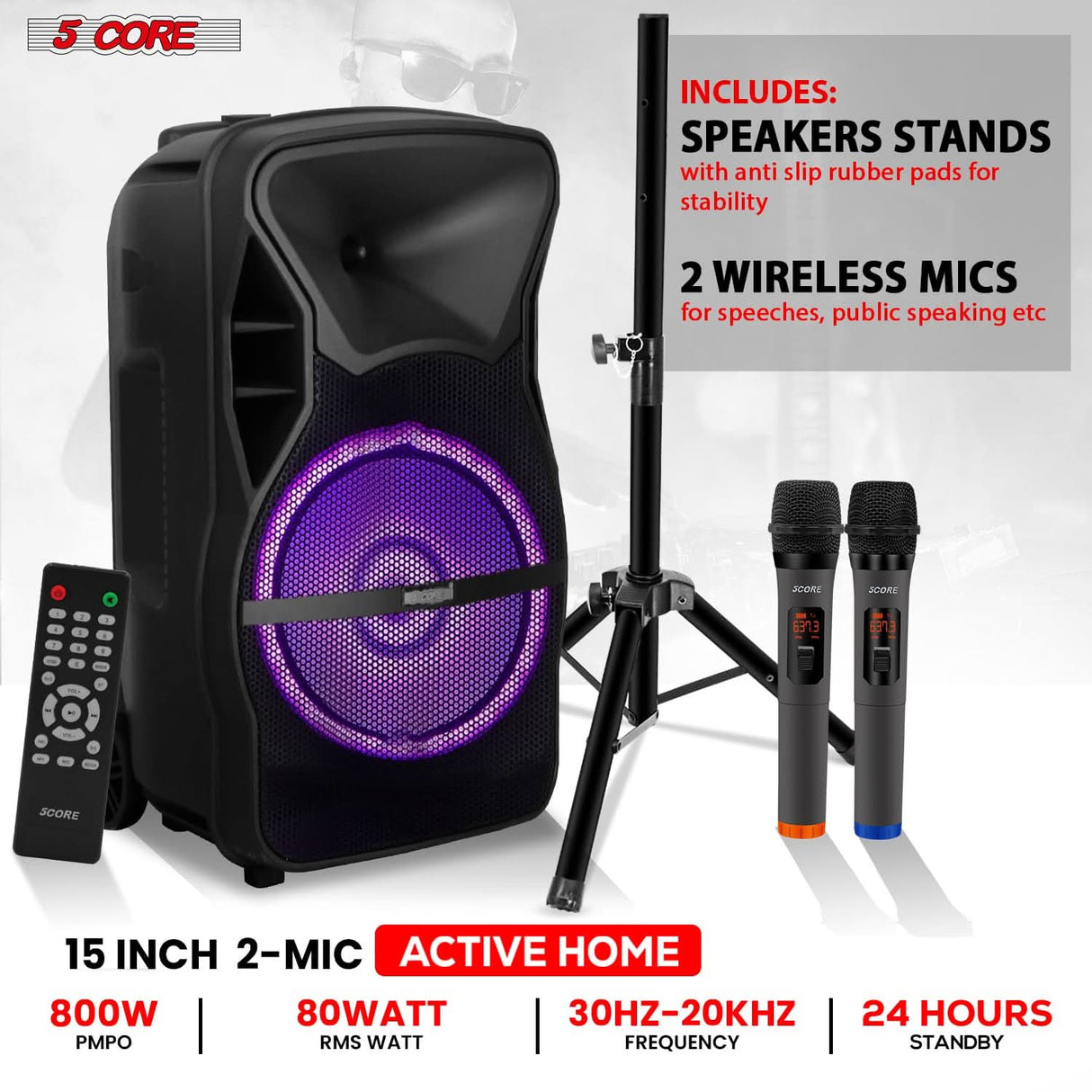 5 CORE TWS Pair Bluetooth Party Speakers Portable Karaoke PA System Rechargeable Loud Speaker + 2X Tripod Stand 4X Wireless Mics LED Light Active Home (15 Inch)