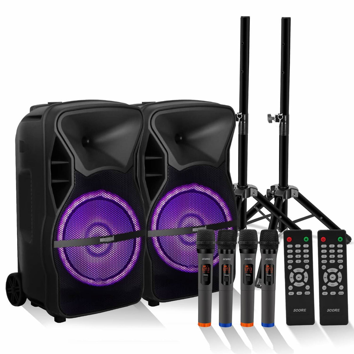 5 CORE TWS Pair Bluetooth Party Speakers Portable Karaoke PA System Rechargeable Loud Speaker + 2X Tripod Stand 4X Wireless Mics LED Light Active Home (15 Inch)