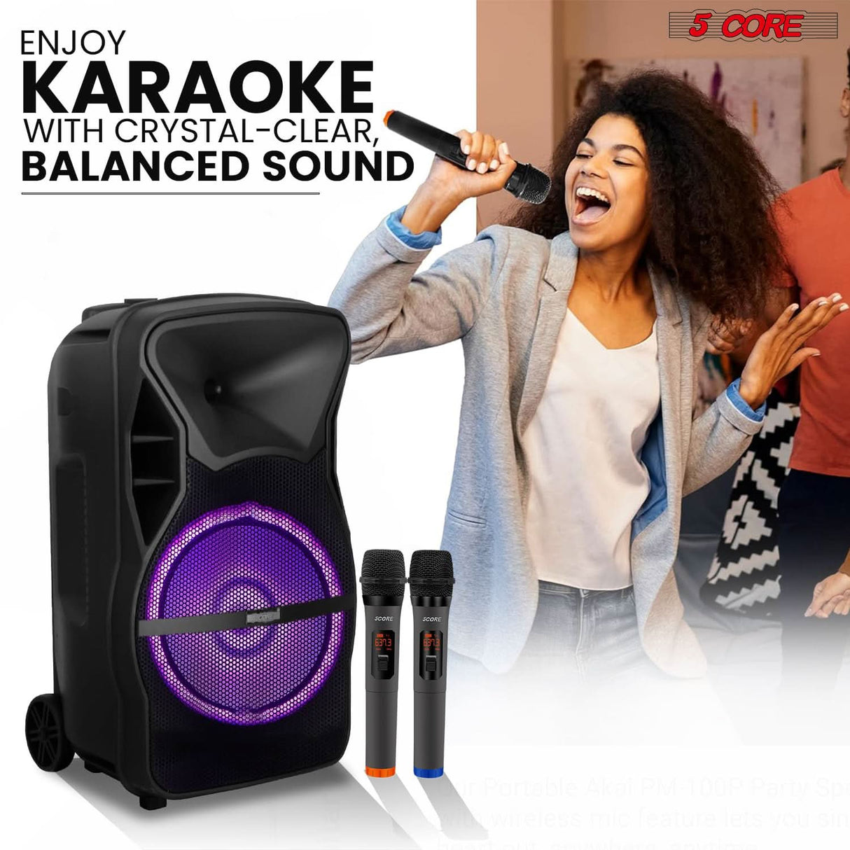 5 CORE TWS Pair Bluetooth Party Speakers Portable Karaoke PA System Rechargeable Loud Speaker + 2X Tripod Stand 4X Wireless Mics LED Light Active Home (15 Inch)