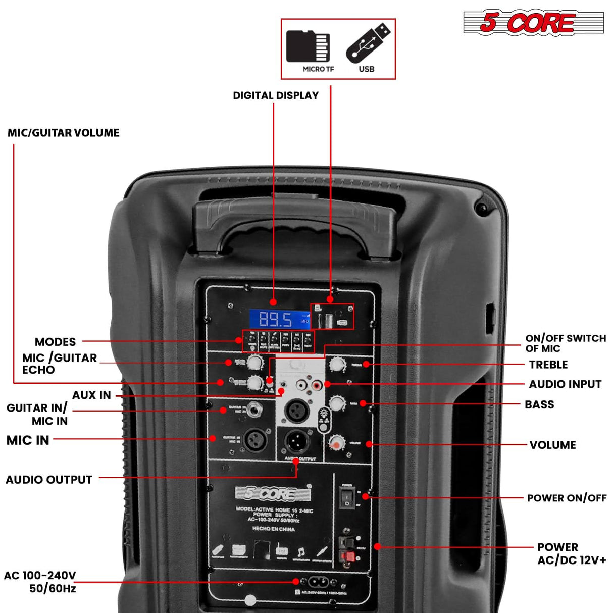 5 CORE TWS Pair Bluetooth Party Speakers Portable Karaoke PA System Rechargeable Loud Speaker + 2X Tripod Stand 4X Wireless Mics LED Light Active Home (15 Inch)