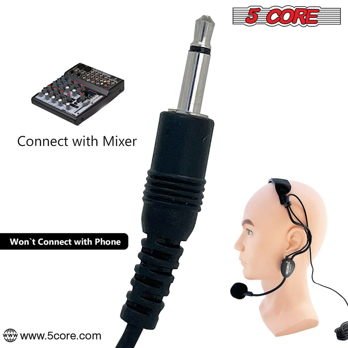 5 Core Headset Microphone Professional Flexible Boom Wired Hands Free Mic 1/4" Connector Jack