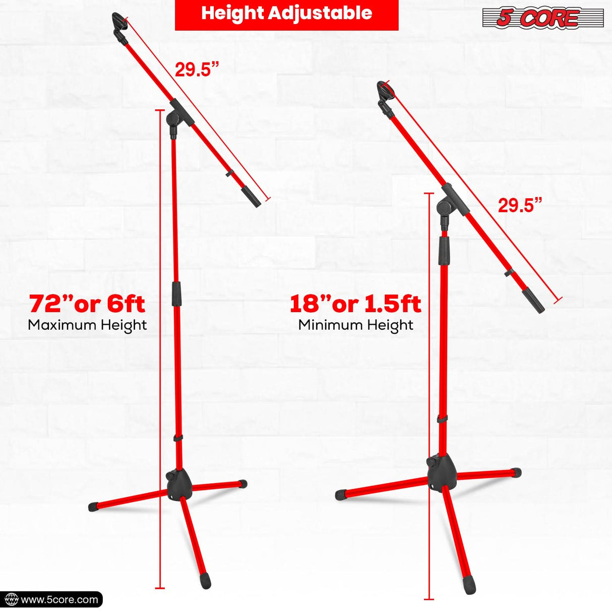 5Core Tripod Mic Stand Heavy Duty Adjustable Holder Floor Microphone Boom Arm RED