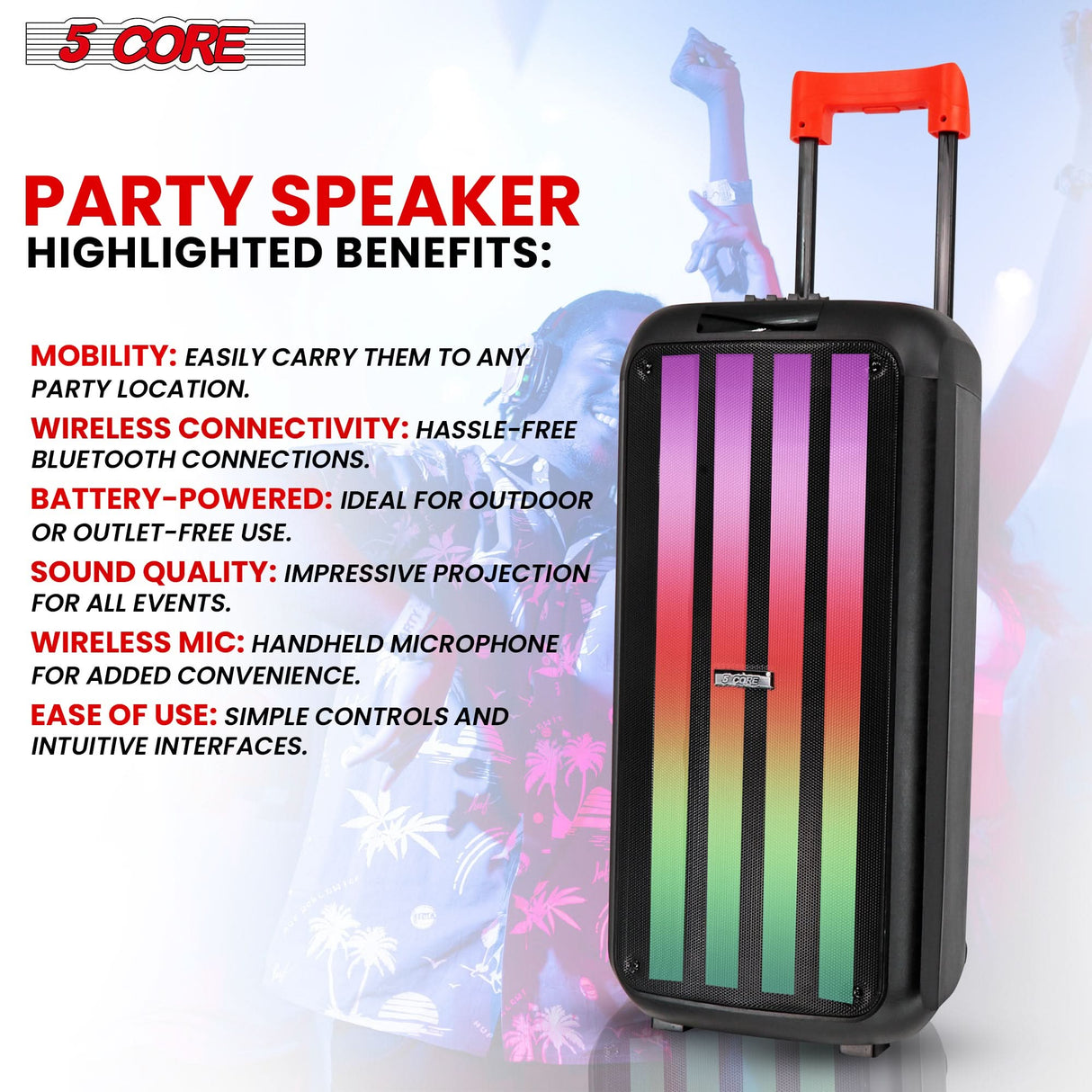 5Core Bluetooth Party Speaker 10 inch PA RGB Partybox Karaoke Machine + 2 Wireless Mic