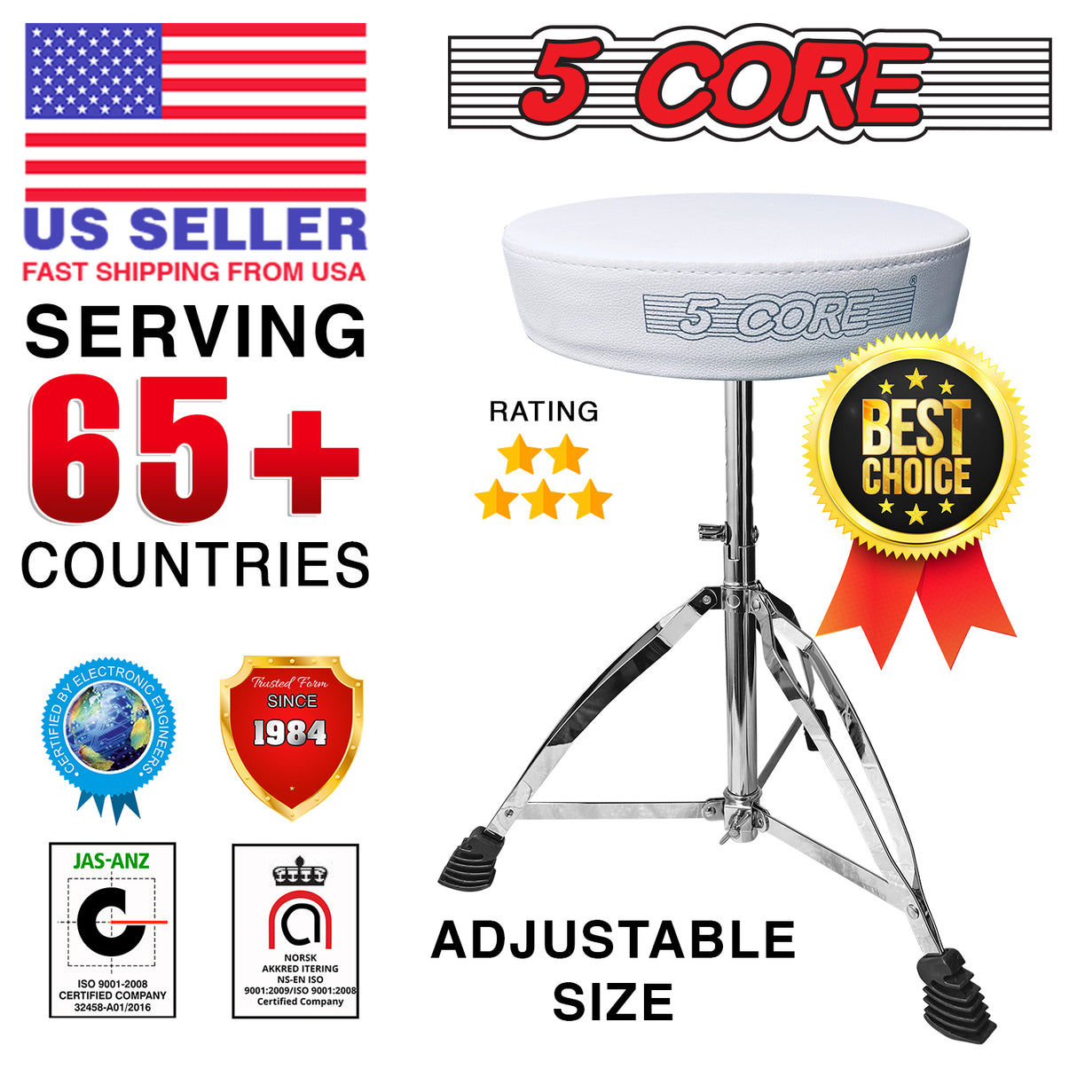 5 Core Drum Throne White| Height Adjustable Padded Seat Drum Stool| Folding Portable Drummer Throne with Anti-Slip Feet| with two Drumsticks, Drum Chair for Kids and Adults- DS CH WH