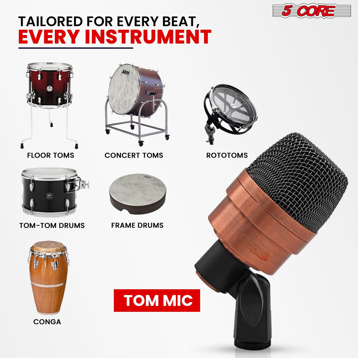 5 Core Tom Snare Mic Cardioid Dynamic Microphone for Drum Kit Precision Instrument COPPER