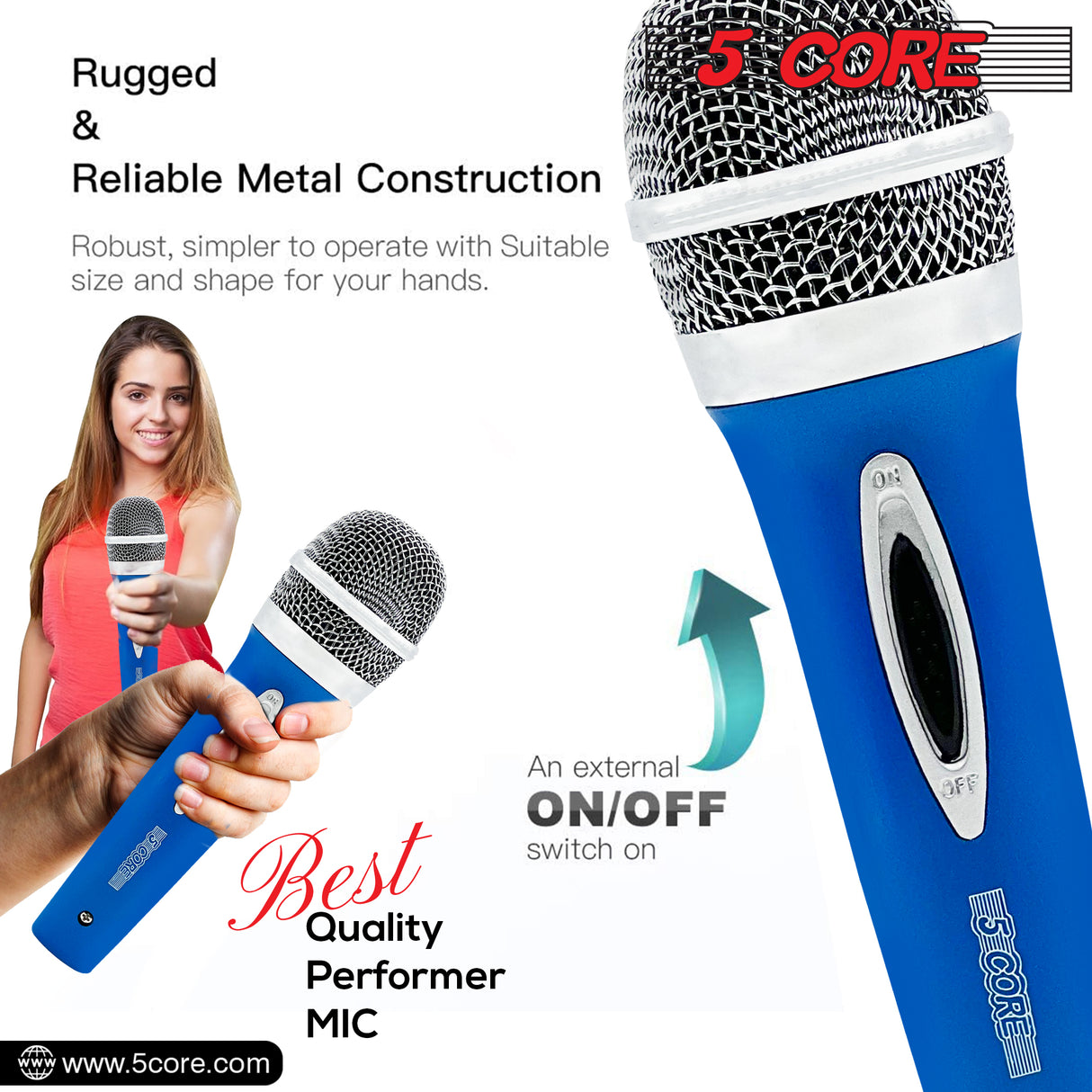 5 CORE Premium Vocal Dynamic Cardioid Handheld Microphone Unidirectional Mic with 12ft Detachable XLR Cable to ¼ inch Audio Jack and On/Off Switch for Karaoke Singing (Blue) PM 286 BLU