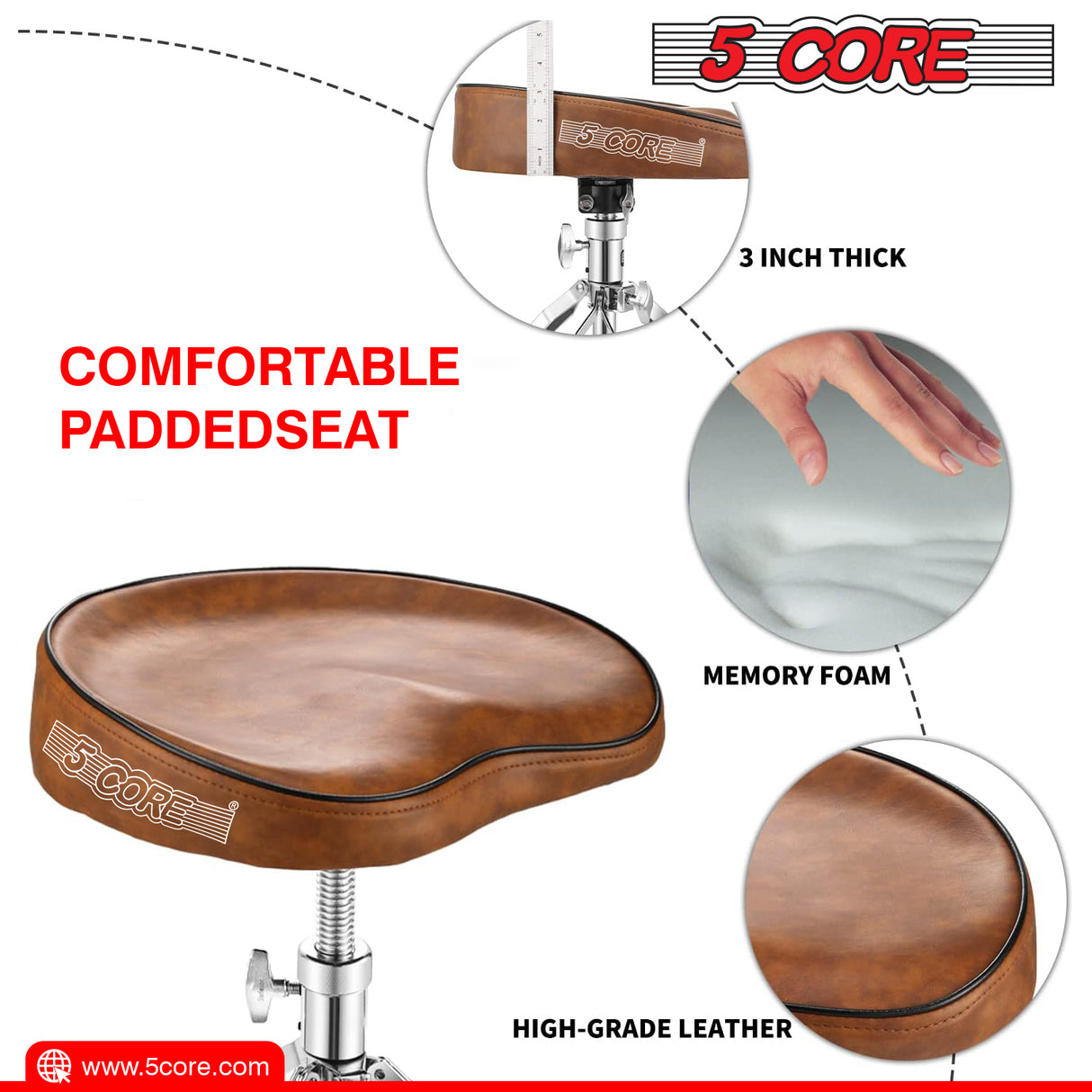 5Core Drum Throne Padded Guitar Stool Saddle Drummer Seat for Adults & Kids BROWN