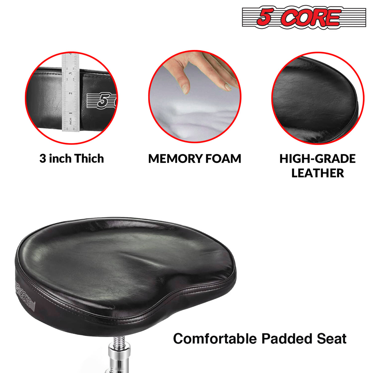 5 Core Drum Throne Saddle Black| Heavy Duty Height Adjustable Padded Comfortable Drum Seat| Stools Chair  Style with Double Braced Anti-Slip Feet and Two Drumsticks for Adults Drummers- DS CH BLK SDL HD