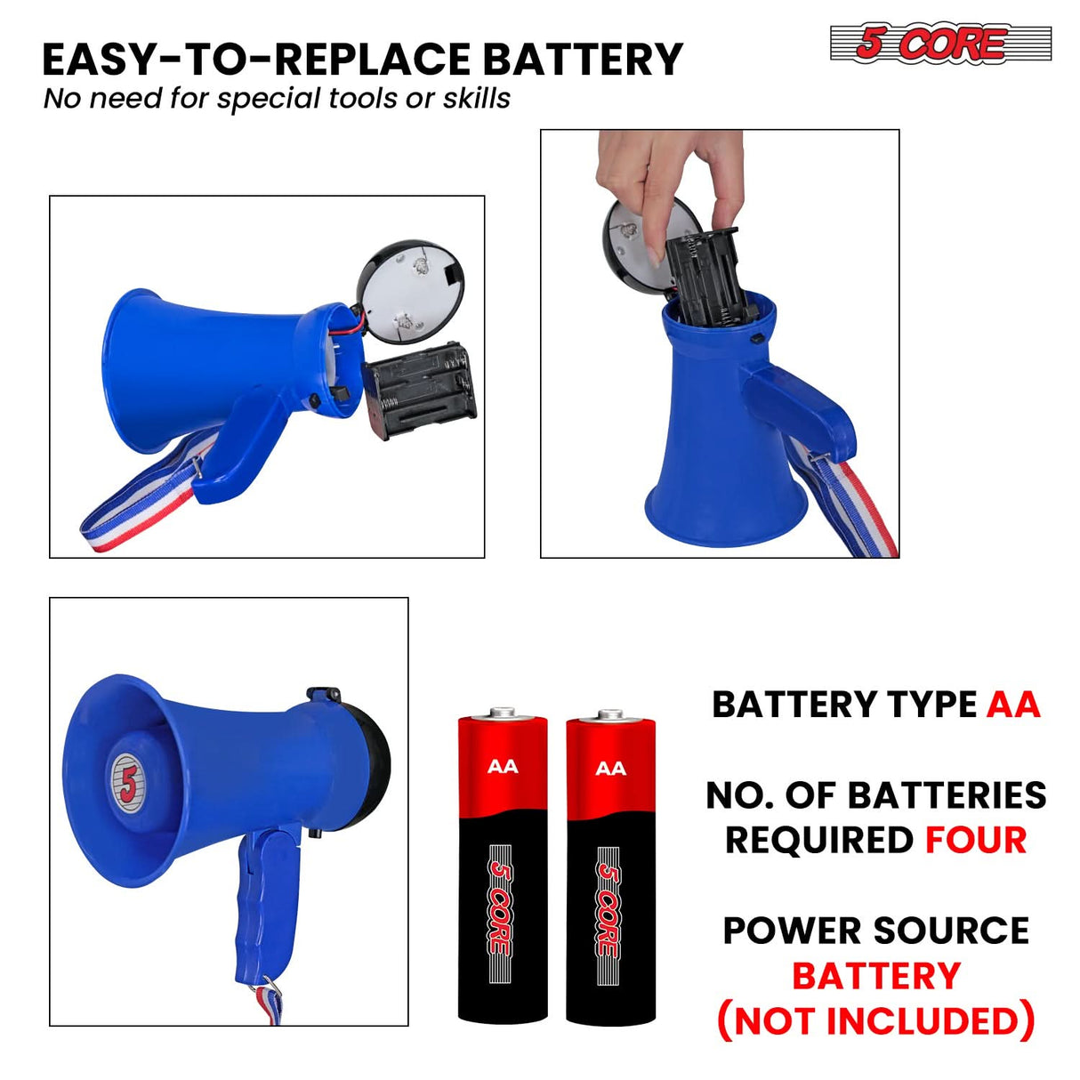 5Core Megaphone Bullhorn Speaker 15W Mini Battery Power Bull horn w Siren 400 Yard Range Blue