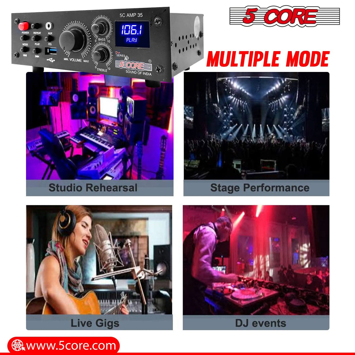 5Core Amplifier Home Audio 400W in-Built Speaker Mini Stereo Dual Channel LCD Display TF AUX USB