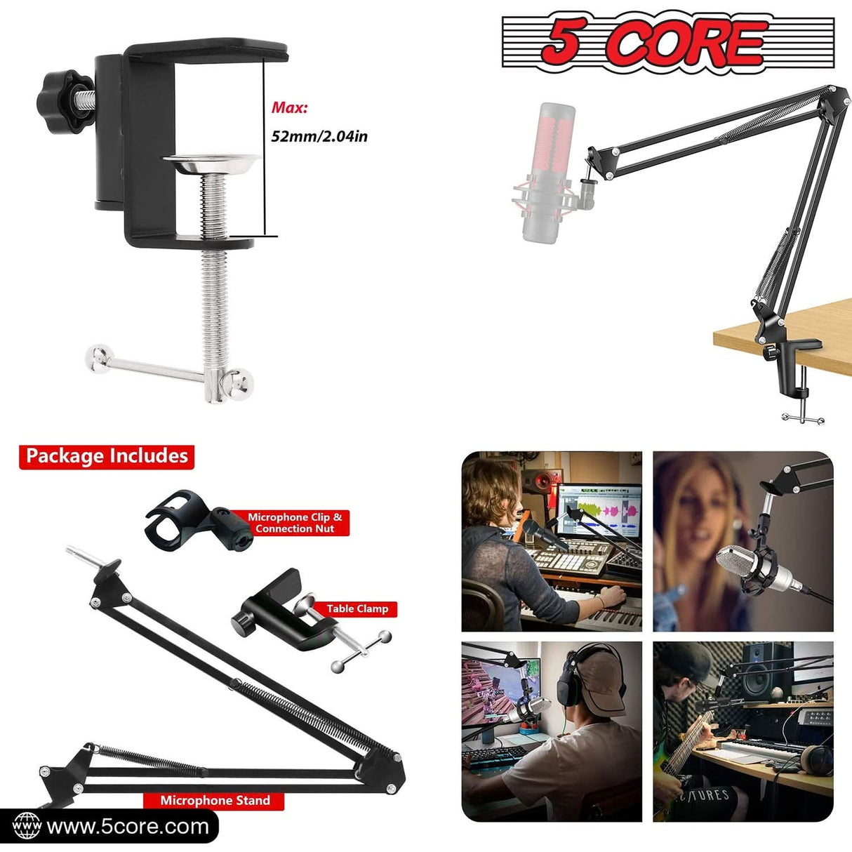 5Core Microphone Boom Arm Desk Mic Stand Adjustable Clamp Suspension Boom Stands BLACK