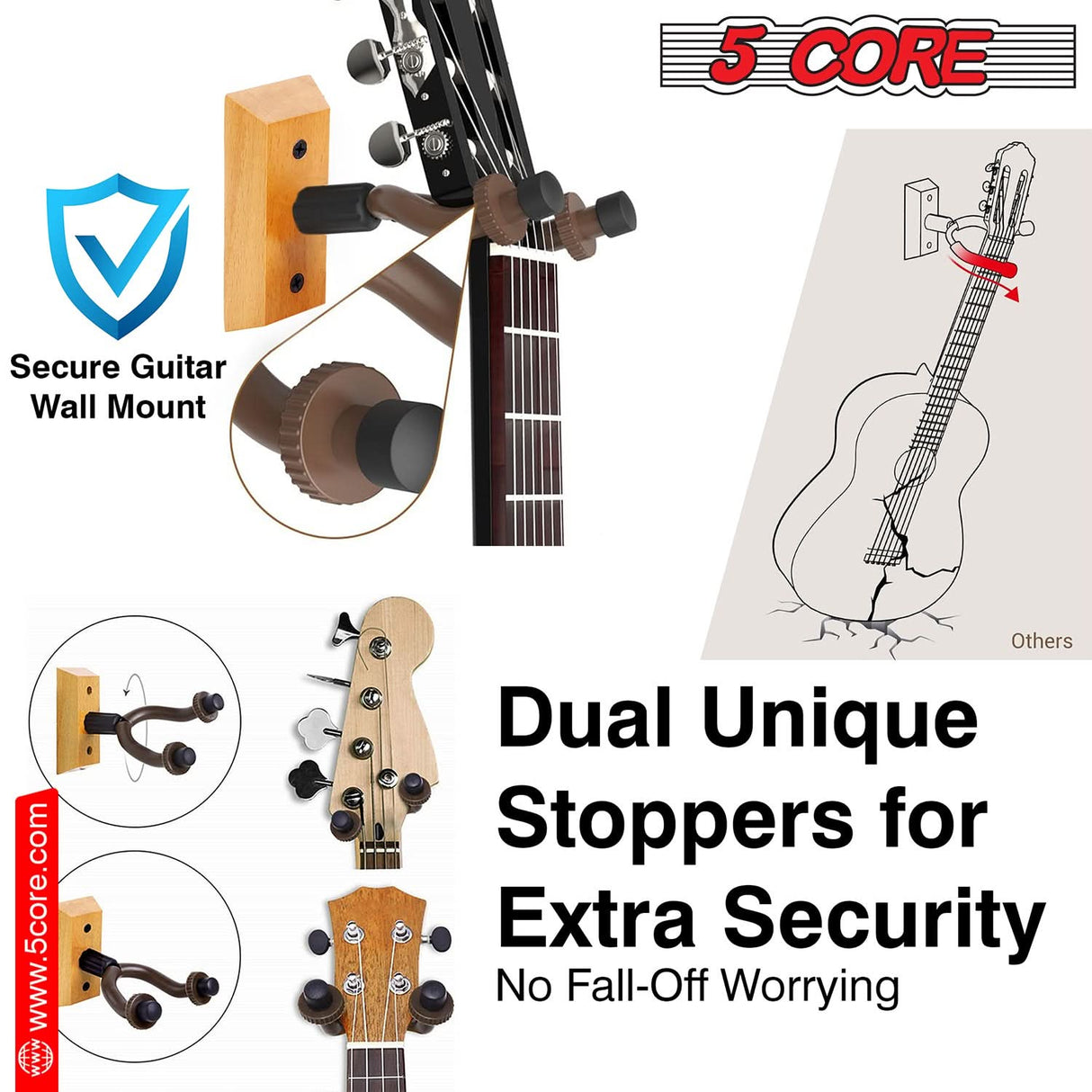 5Core Guitar Wall Mount Hanger 2Pack U-Shaped Wood Guitar Wall Hook Stand