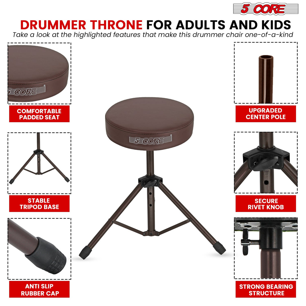 5Core Drum Throne Adjustable Guitar Stool Padded Drummer Seat for Adults & Kids BROWN