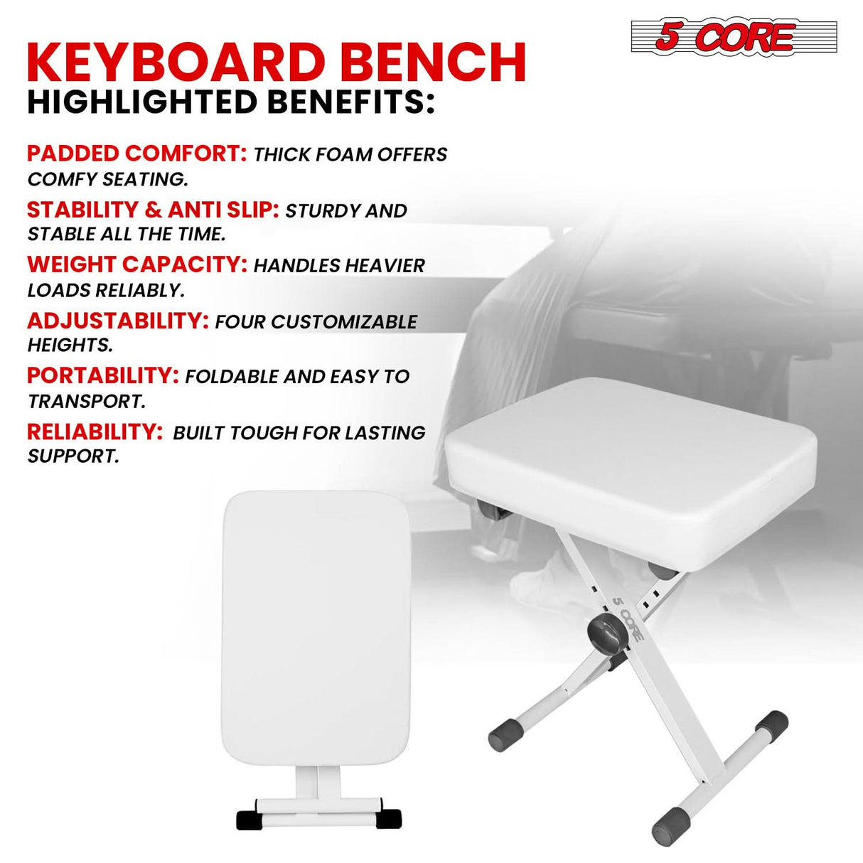 5 Core Keyboard Bench X Style Piano Stool Heavy Duty Adjustable Keyboards Chair White