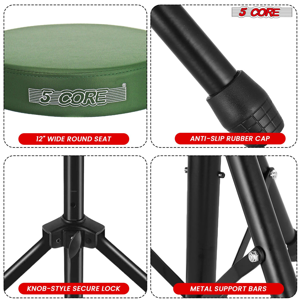 5Core Drum Throne Adjustable Guitar Stool Padded Drummer Seat for Adults & Kids Dark Green