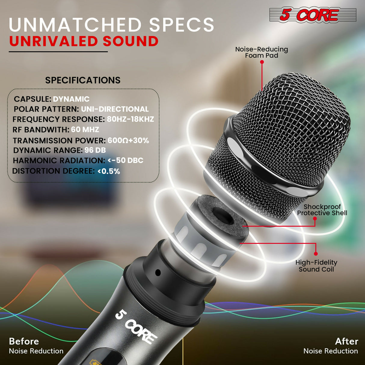 5 Core UHF Wireless Microphone 210FT Max Range Karaoke DynamicMicrofono Inalambrico Cardioid