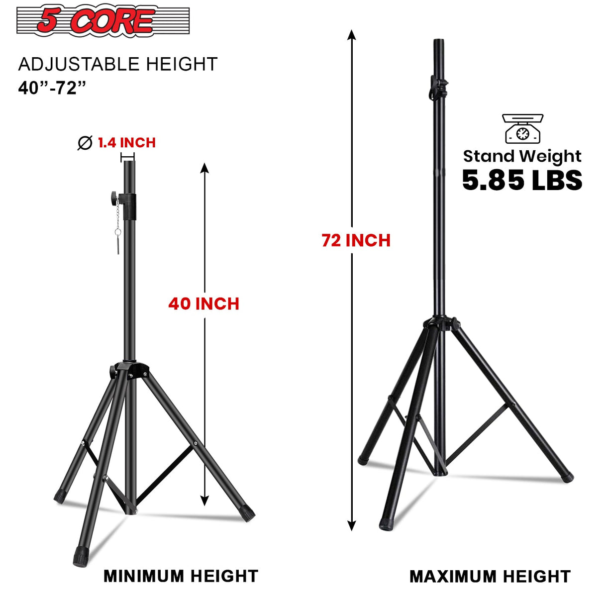 5 Core Speaker Stand Tripod Heavy Duty Adjustable Up to 72 Inch DJ Studio Monitor Stands Pole Mount Black