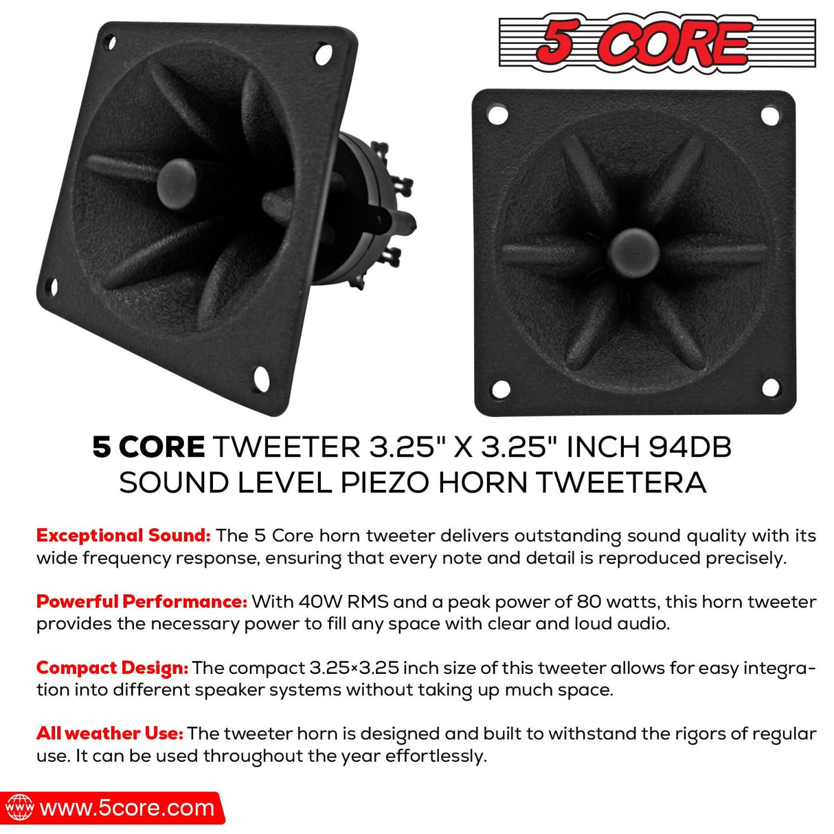 5Core Tweeter 3.25" x 3.25" 40W Component Square Driver Replacement Piezo Super Horn