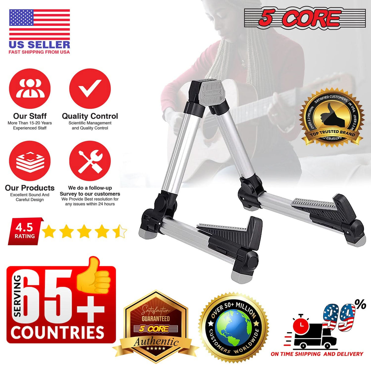 5Core Universal Guitar Stand Adjustable Aluminum A-Frame for All Types