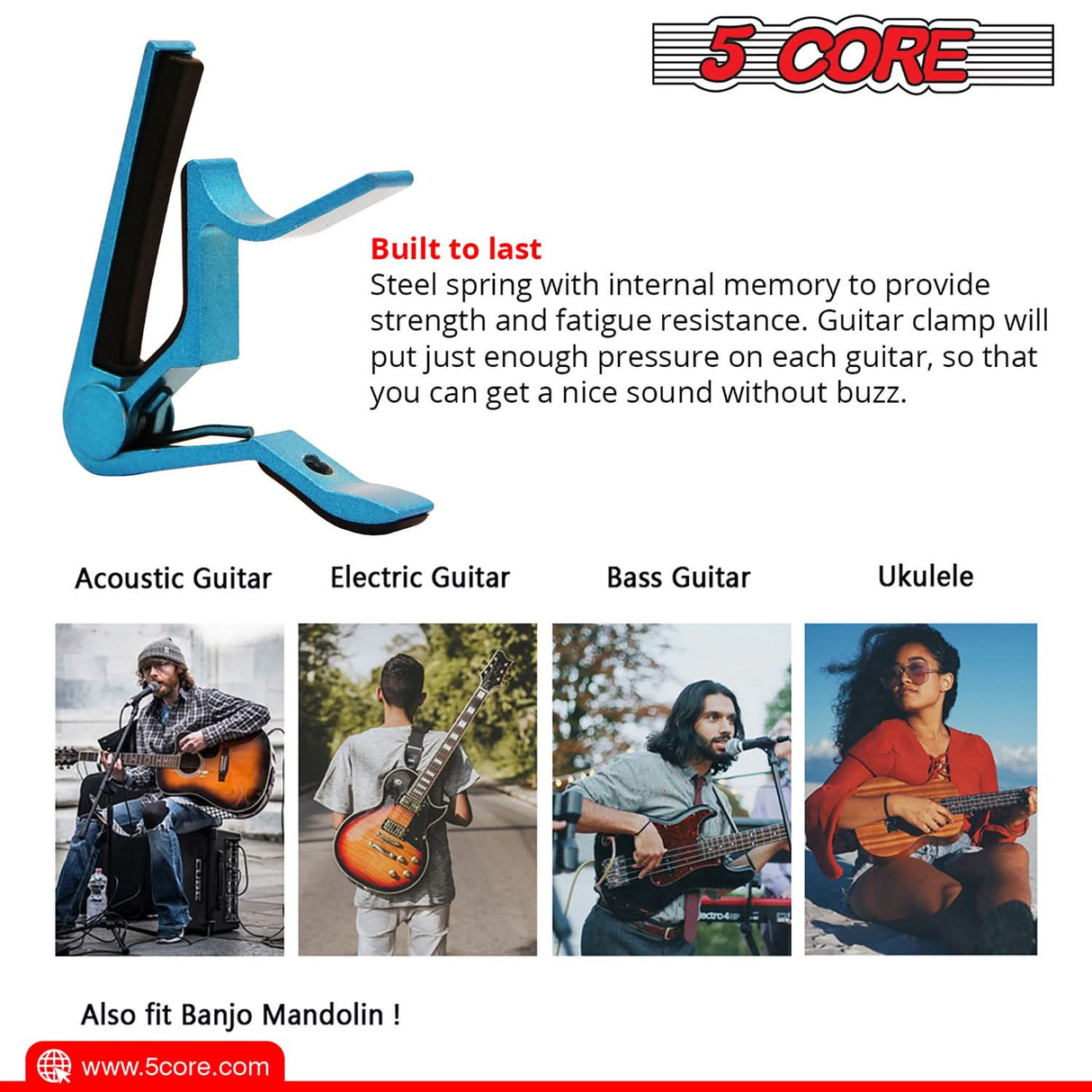 5 Core Acoustic Guitar Capo: Classic clip design for electric guitars, banjos, mandolins, and ukuleles.