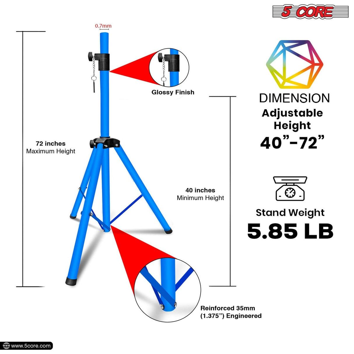 5Core Speaker Stand Tripod Tall Adjustable 72 Inch DJ Pole Mount Studio Monitor Stands Yellow