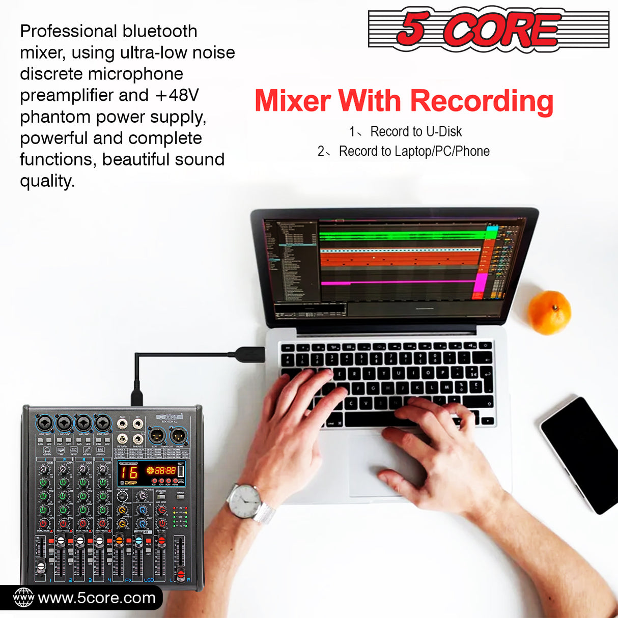 5 Core 4 Channel Compact Studio Mixer with Built-In Effects & USB Interface Bluetooth- Digital Mixer for Home Studio Recording, Podcast DJs and more MX 4CH XL