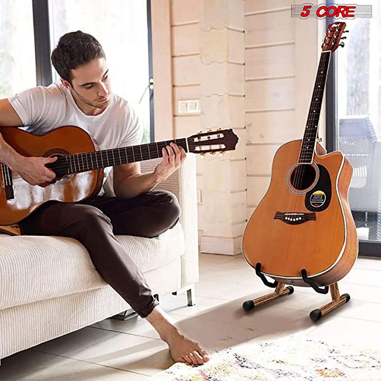 5Core Guitar Stand Floor Adjustable Solid Wood A Frame Universal Folding Acoustic Electric Bass Stands