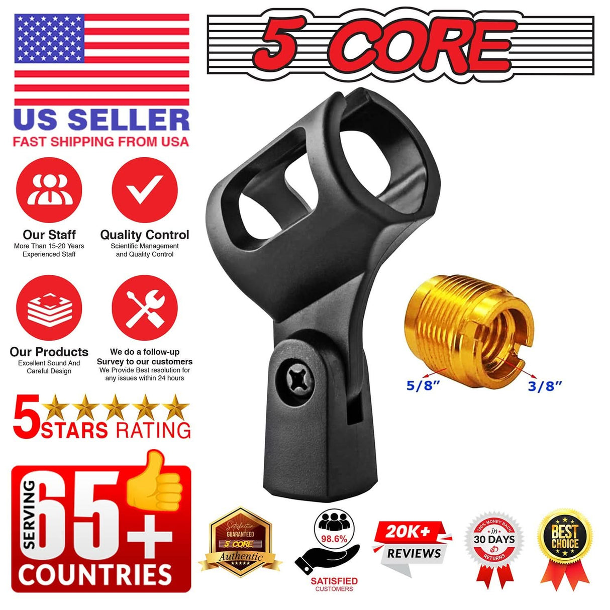 5 Core Microphone Clip Holder 6 Pieces Barrel Style with Screw Adapters 5/8 to 3/8 Inch